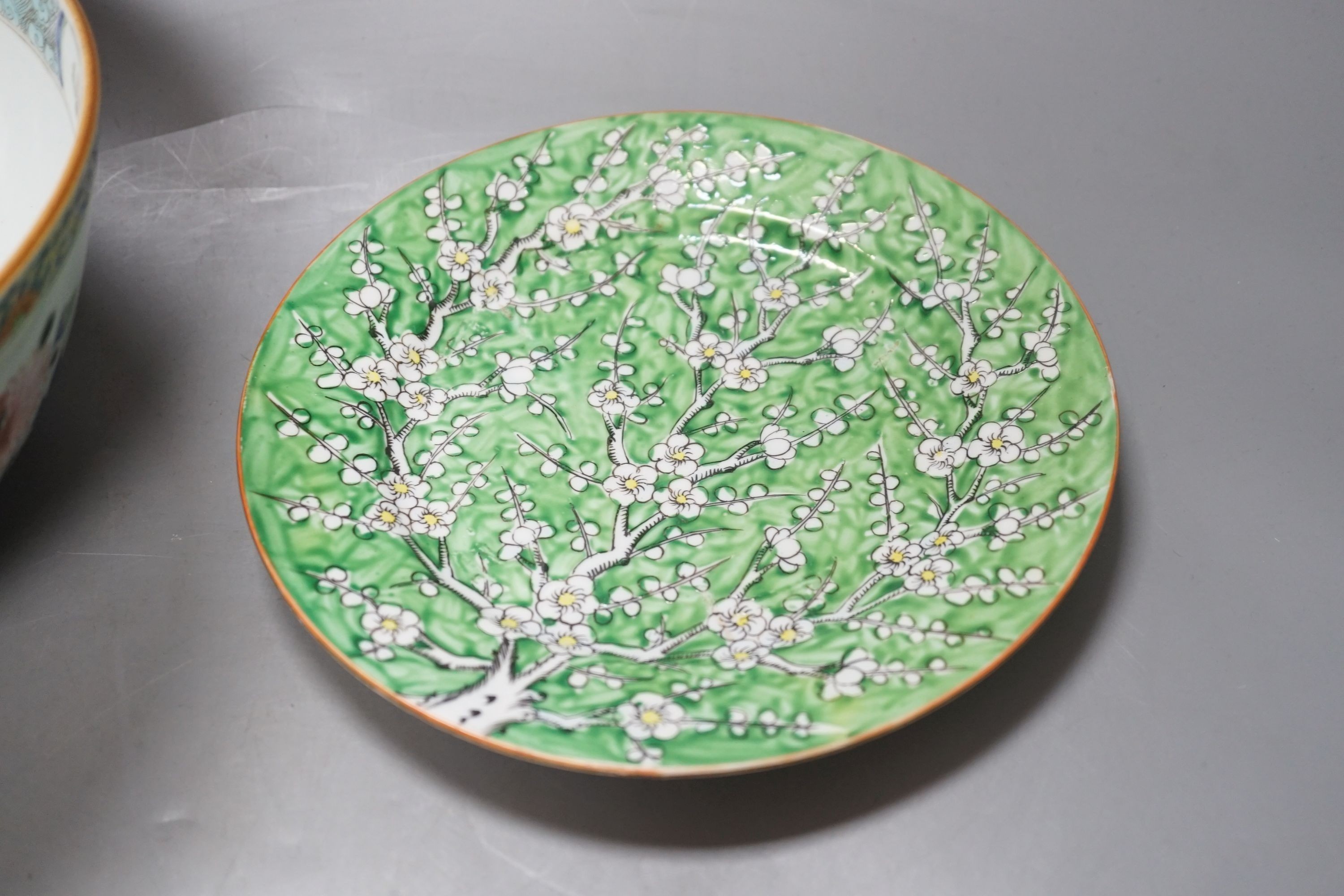 A Chinese Kangxi Imari dish, a blue and white dish, Qianlong famille rose bowl, a republic period plate and later sang de boeuf bowl